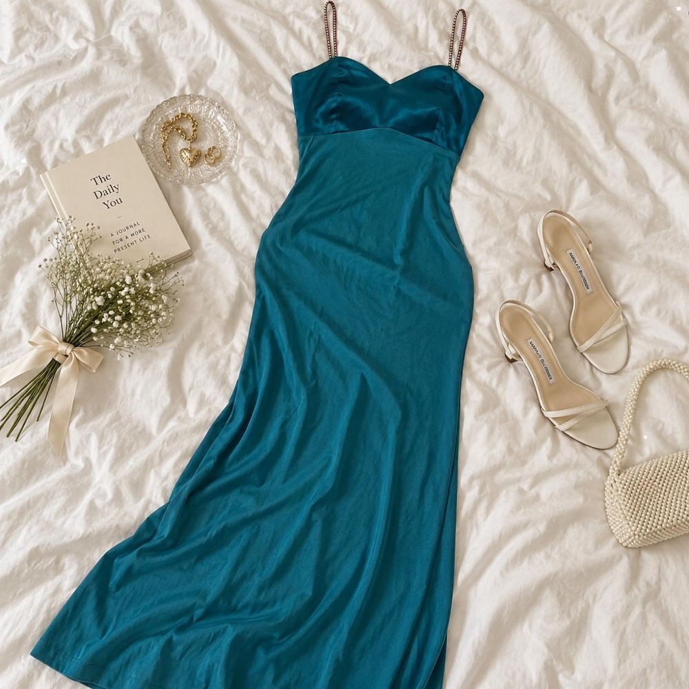 Fairy prom dress  blueish green rhinestone strap